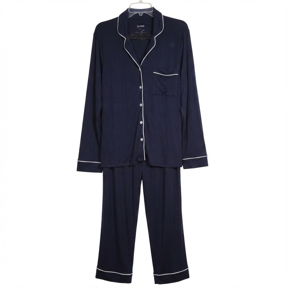 Quince Women's Bamboo Jersey Long Sleeve Pajama Set Deep Navy Size L EUC